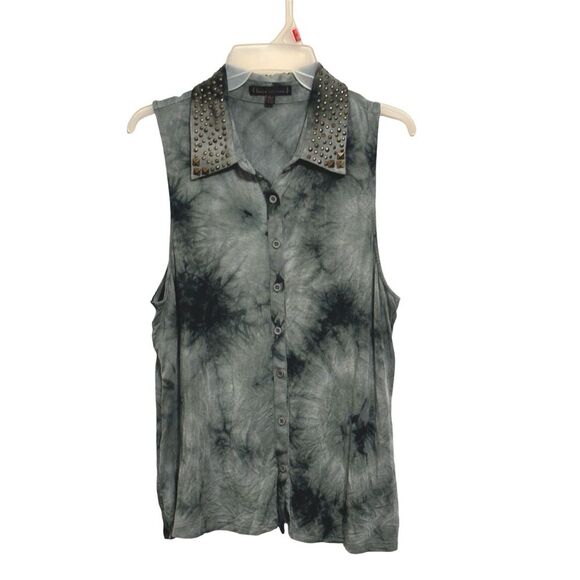 Lucca Couture | Women's Green Tie Dye Studded Collar Button Down Tank Top - Picture 1 of 14